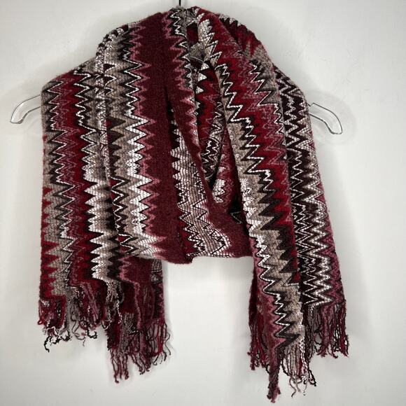 Missoni Zig Zag Purple Burgundy Wool Knit Blend Fringe Scarf - Picture 4 of 8